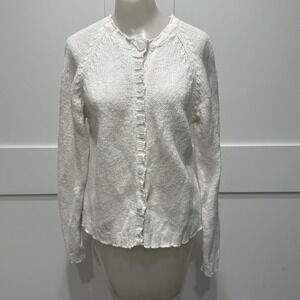 White Ruffle Cardigan Button Front Cottagecore Light Academia Knit Med *READ*